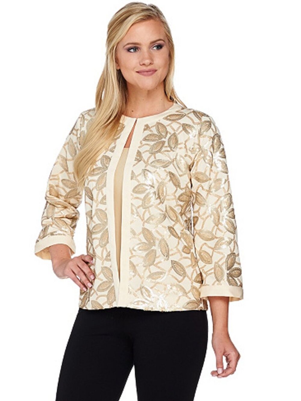 NWT New Bob Mackie's 3/4 Sleeve Sequin Knit Jacket with Solid Trim Size 2X